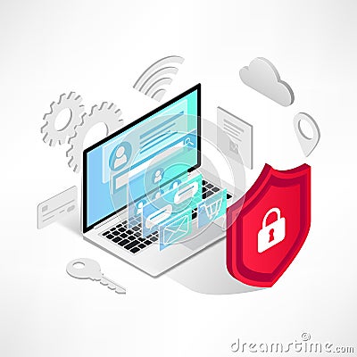 Isometric internet security laptop isolated icons Vector Illustration