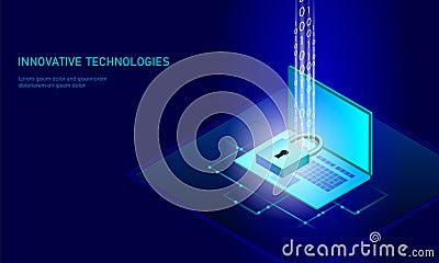 Isometric internet security lock business concept. Blue glowing isometric personal information data connection pc Vector Illustration