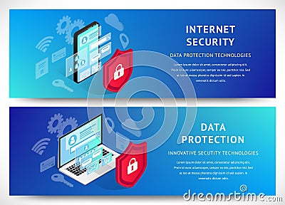 Isometric internet security smartphone banners horizontal set Vector Illustration