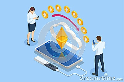 Isometric invest in digital money, increase income, profit. Digital Wallet technology for cryptocurrency ethereum Vector Illustration