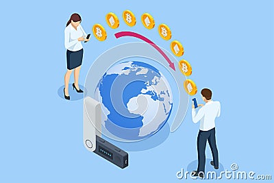 Isometric invest in digital money, increase income, profit. Digital Wallet technology for cryptocurrency ethereum Vector Illustration