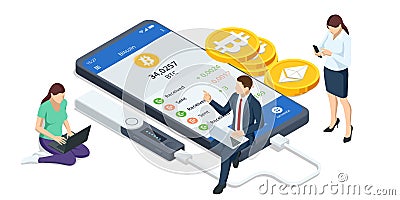 Isometric invest in digital money, increase income, profit. Digital Wallet technology for cryptocurrency ethereum Vector Illustration