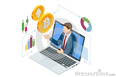 Isometric invest in digital money, increase income, profit. Digital Wallet technology for cryptocurrency ethereum Vector Illustration