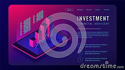 Isometric investment and financial advisory landing page concept. Vector Illustration