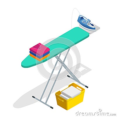 Isometric iron, ironing board and laundry basketf flat style vector illustration on white background. Vector Illustration