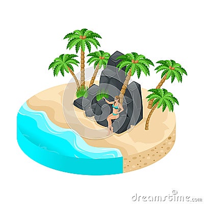 Isometric island with beautiful scenery, sea, beach, sand, palm trees, the girl on vacation sits on stone rocks, makes selfies Vector Illustration