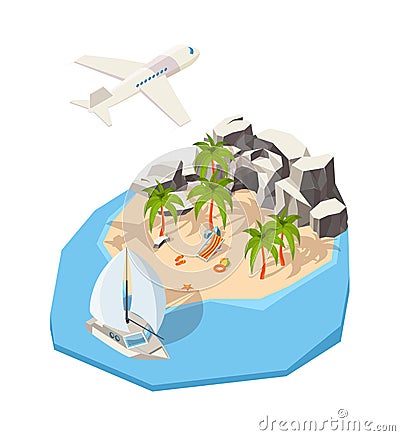 Isometric island. Dream holiday vacation at seaside summer passenger ship travel tour concept ocean vector island Vector Illustration