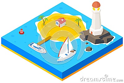 Isometric island with ship, yacht and sea. Vector Vector Illustration