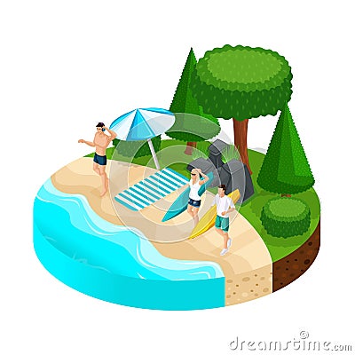 Isometric island vacation people on the beach, stones, trees, river, lake, sea, beach, surfing. Camping, outdoor recreation Vector Illustration