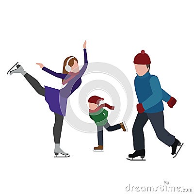 Isometric isolated happy family skating. Cross country skating, winter sport. Olimpic games, recreation lifestyle Vector Illustration