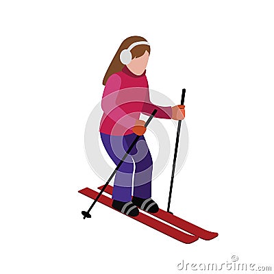 Isometric isolated woman skiing. Cross country skiing, winter sport. Olimpic games, recreation lifestyle, activity speed Vector Illustration