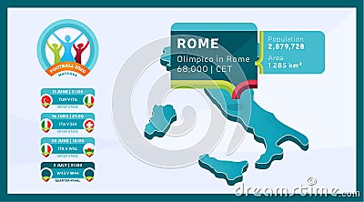 Isometric Italy country map tagged in Rome stadium which will be held football matches vector illustration. Football 2020 Vector Illustration