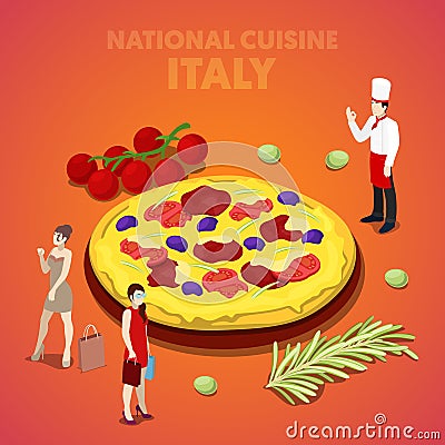 Isometric Italy National Cuisine with Pizza and Cook Vector Illustration