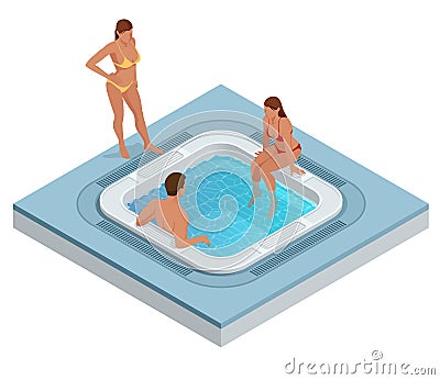 Isometric jacuzzi with swirling water isolated on white. People enjoying jacuzzi hot tub bath spa. Vector Illustration