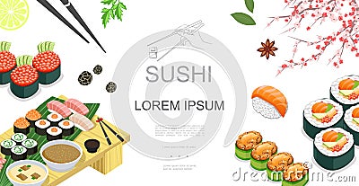 Isometric Japanese Food Colorful Template Vector Illustration