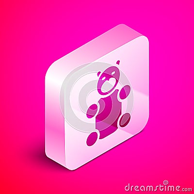 Isometric Jelly bear candy icon isolated on pink background. Silver square button. Vector. Vector Illustration