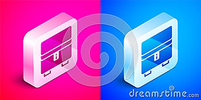 Isometric Jewelry box icon isolated on pink and blue background. Casket with jewelry. Silver square button. Vector Stock Photo