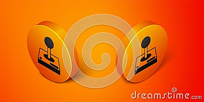 Isometric Joystick for arcade machine icon isolated on orange background. Joystick gamepad. Orange circle button. Vector Vector Illustration