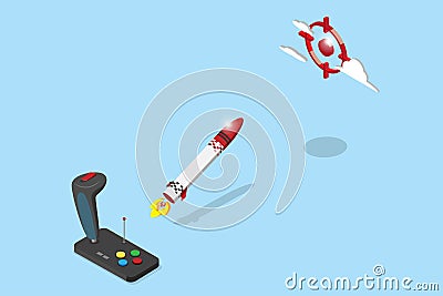 Isometric joystick control rocket flying to red target, startup and business concept Vector Illustration