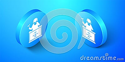 Isometric Judge with gavel on table icon isolated on blue background. Blue circle button. Vector Vector Illustration