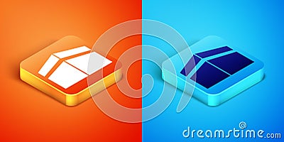 Isometric Kaaba mosque icon isolated on orange and blue background. Kaaba hajj Mecca pray pilgrimage Ramadan Islam Vector Illustration