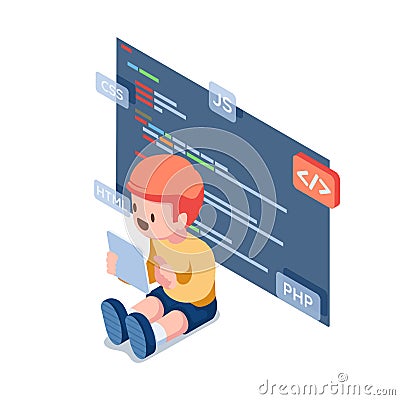 Isometric Kids Coding and Programing on Digital Tablet Vector Illustration