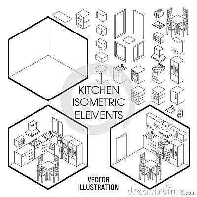 Isometric kitchen interior constructor. Vector set of isometric Furniture elements of home interior isolated on white Vector Illustration