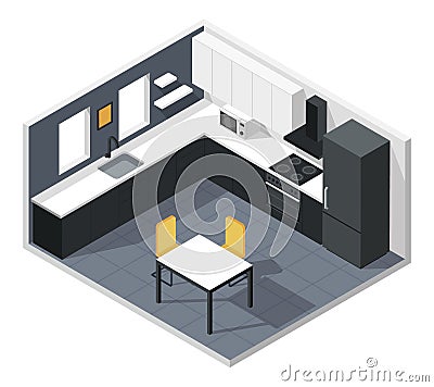 Isometric kitchen. Modern kitchen room interior with furniture and appliances. Refrigerator, oven, microwave, table Vector Illustration