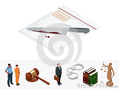 Isometric knife, evidence in a transparent package. Crime scene investigation collecting evidence. Vector illustration Vector Illustration
