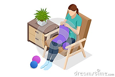 Isometric knitter knits warm things at home. Comfort and coziness. Needlework, hobby, relaxation. Stock Photo