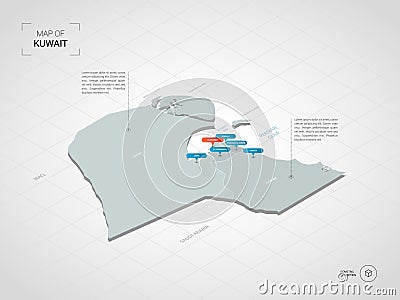 Isometric Kuwait map with city names and administrative division Vector Illustration