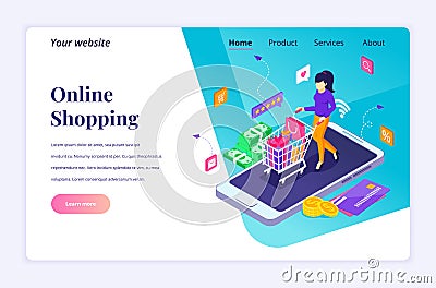 Isometric design concept of Online Shopping. A woman is carrying a shopping cart on a giant smartphone. vector Vector Illustration