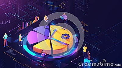 Isometric landing page with a huge pie chart under a clock, animated robot. Time management, schedule planning, work Stock Photo