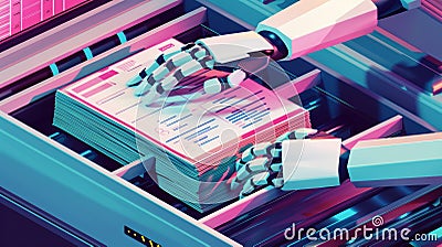 This is an isometric landing page showing old documents on a conveyor belt. Robot hands working on a database, drawers Stock Photo