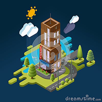 Isometric landscape with the building and the nature around the hotel Vector Illustration