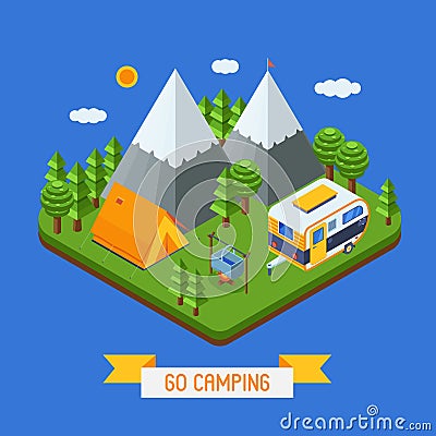 Isometric Landscape with Camp and RV Vector Illustration