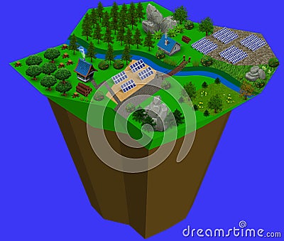 Isometric landscape in ecological 3d of houses with solar panels Stock Photo