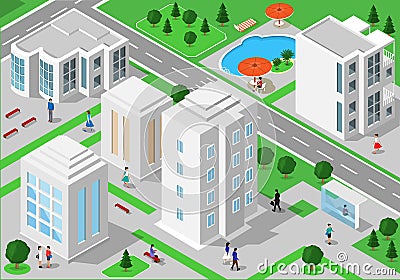 Isometric landscape with people, city buildings, roads, parks, hotels and swimming pool. Set of detailed city buildings. 3d isomet Vector Illustration