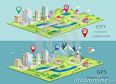 Isometric landscapes with city buildings, parks, plains, hills, mountains, lakes and rivers. Set of detailed city buildings. 3d is Vector Illustration