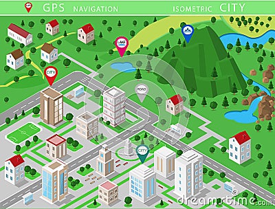 Isometric landscapes with city buildings, village, roads, parks, plains, hills, mountains, lakes, rivers and waterfall. Set of de Vector Illustration