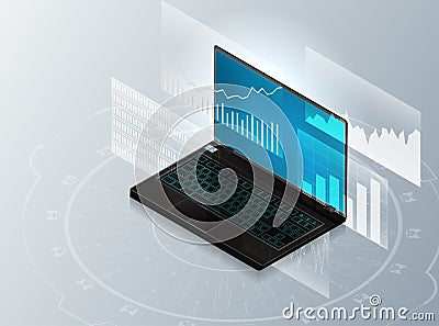 Isometric laptop and charts Stock Photo