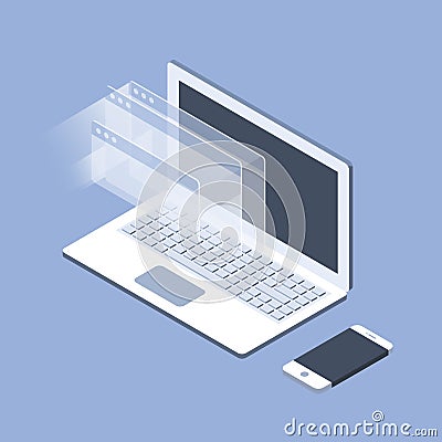 Isometric laptop and opened windows - software development Vector Illustration
