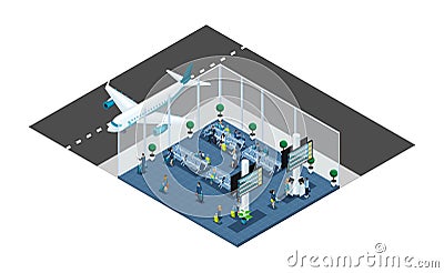 Isometric is a large airport hall, waiting room, a transaction area, passengers are waiting for boarding with a luggage, business Vector Illustration