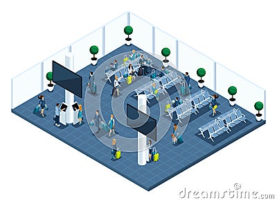 Isometric of a large airport hall, waiting room, a transaction zone, landlings waiting for landing on a plane with a god, business Vector Illustration