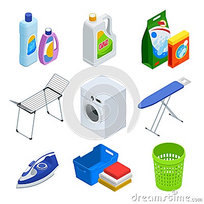 Isometric laundry service elements set Vector Illustration