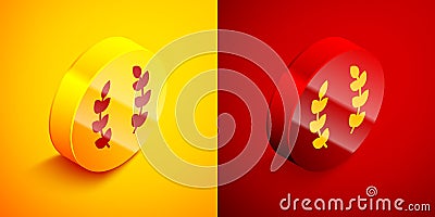 Isometric Laurel wreath icon isolated on orange and red background. Triumph symbol. Circle button. Vector Stock Photo