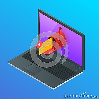 Isometric Letter and mailbox flying out of laptop screen concept. Vector illustration. Mail Communication or Connection Vector Illustration