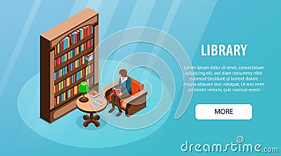 Isometric Library Banner Vector Illustration