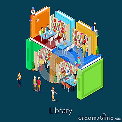Isometric Library Building from Books with People. Educational Concept Vector Illustration