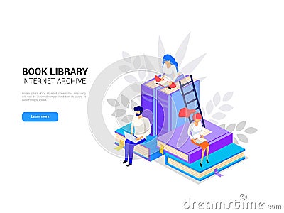 Isometric library. Online education banner 3d Vector Illustration